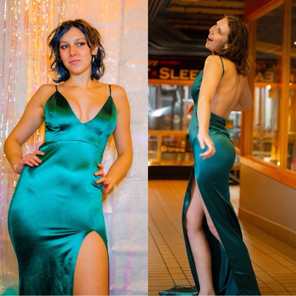 Green satin prom Dress with long train